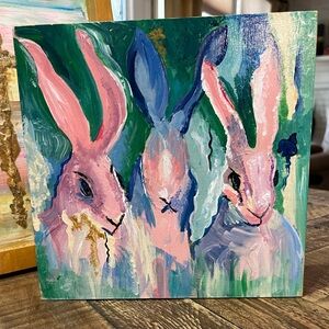 Whimsical Pink and Blue Rabbit Painting-Easter-spring pre-order